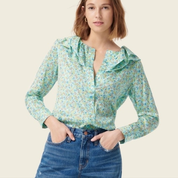 J. Crew Aqua Floral Field  Day Print Ruffle Blouse L - Picture 1 of 9